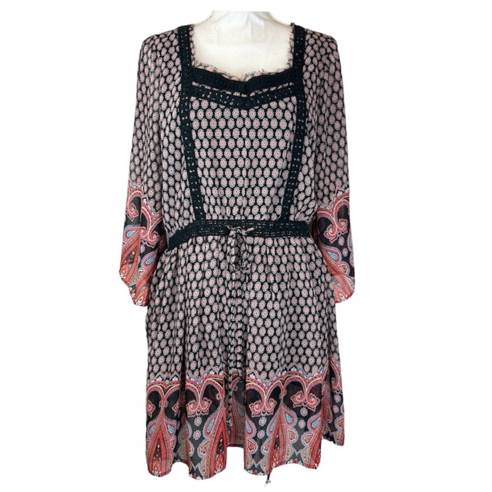 Miss Me Dress Paisley Peasant Boho Bell Sleeve Black Red Women's Size Medium M